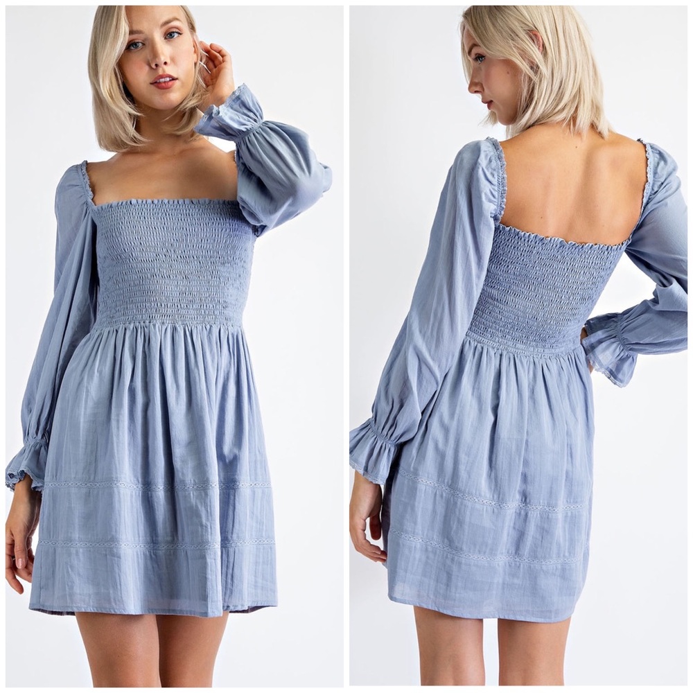 Edit By Nine Adorable Dusty Blue Smocked Bodice Long Puff Sleeves Dress - Picture 2 of 10